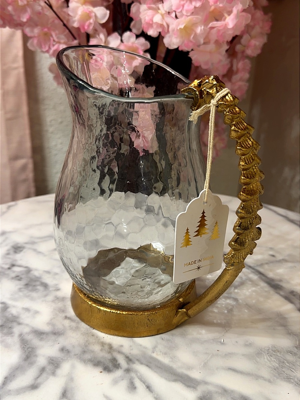 Hammered Glass Pitcher with Decorative Gold Handle
